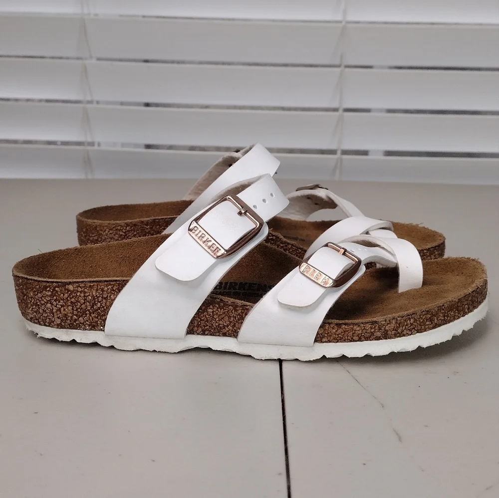 Birkenstock Kids White Two-Strap Cork Footbed Sandals with Rose Gold Buckles